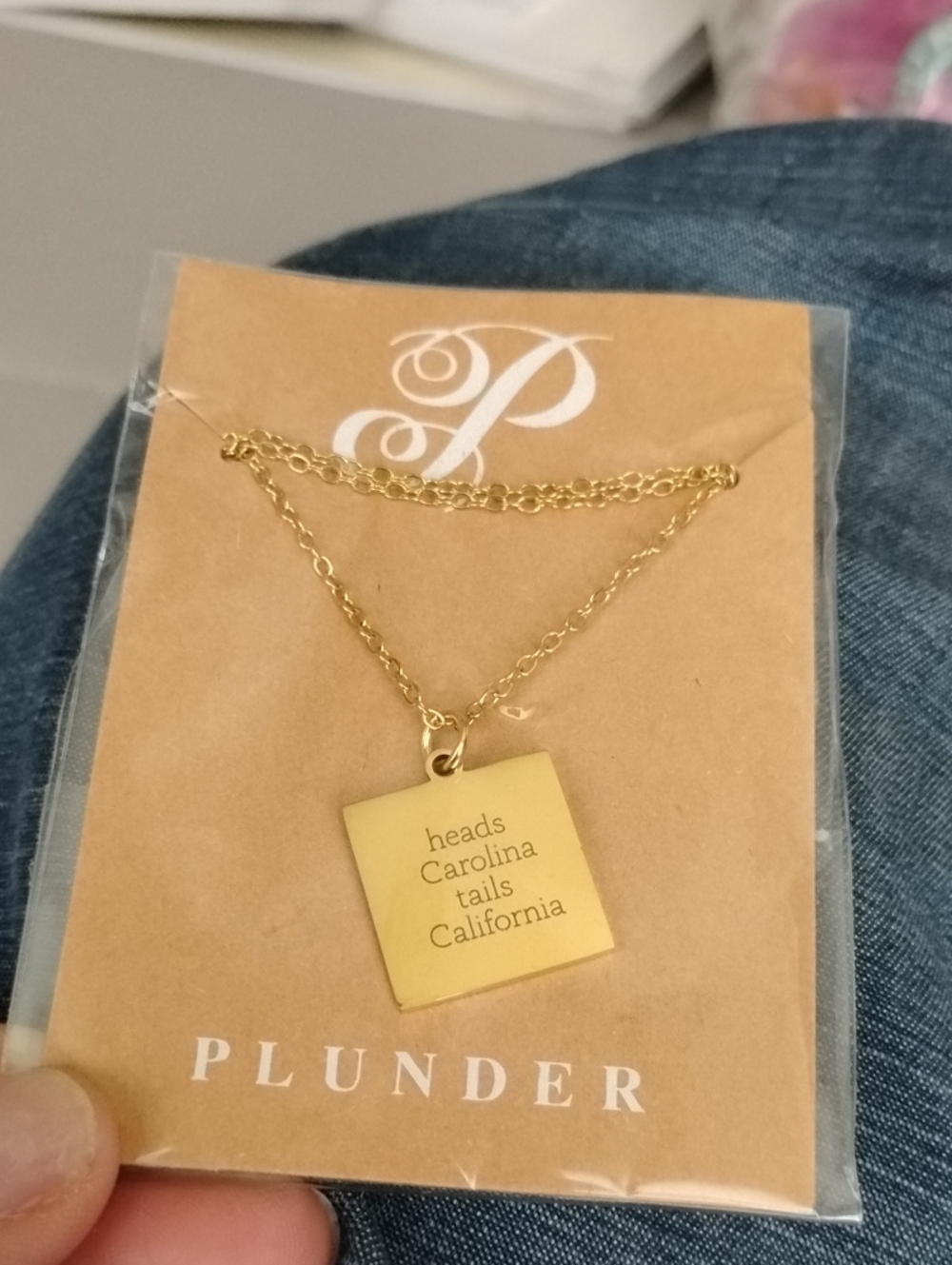 Plunder Gold Square Pendant Necklace with Engraved Text